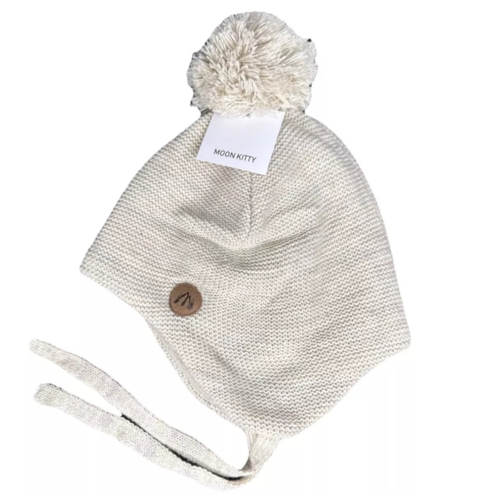 Moon Kitty Boy Beanie Beige With Ear Flaps And Pom Toboggan Hat Ages 1-3 New